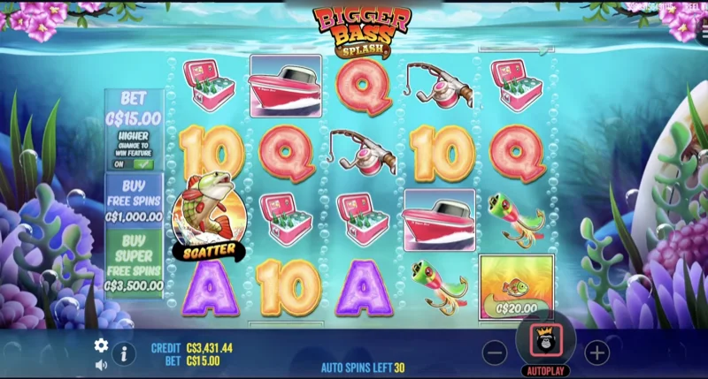 Bigger Bass Splash slot machine reels showing the fishing-themed symbols and money collect feature